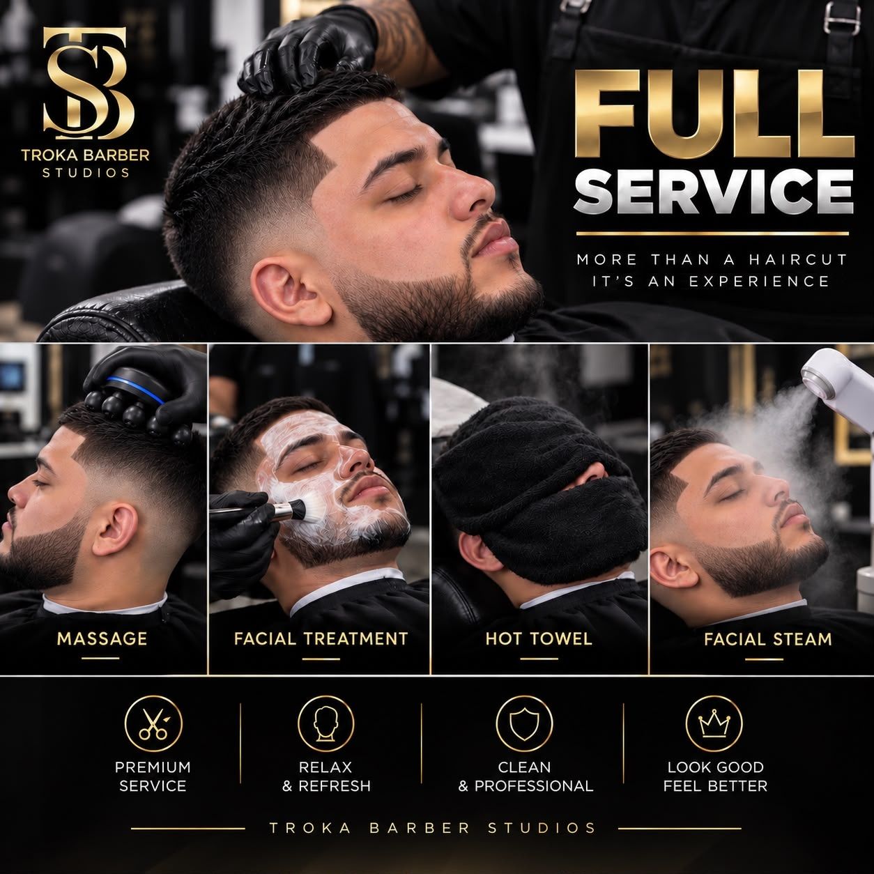 Póster de Servicio completo en Troka Barber Studios (Full service), con las etapas del servicio
