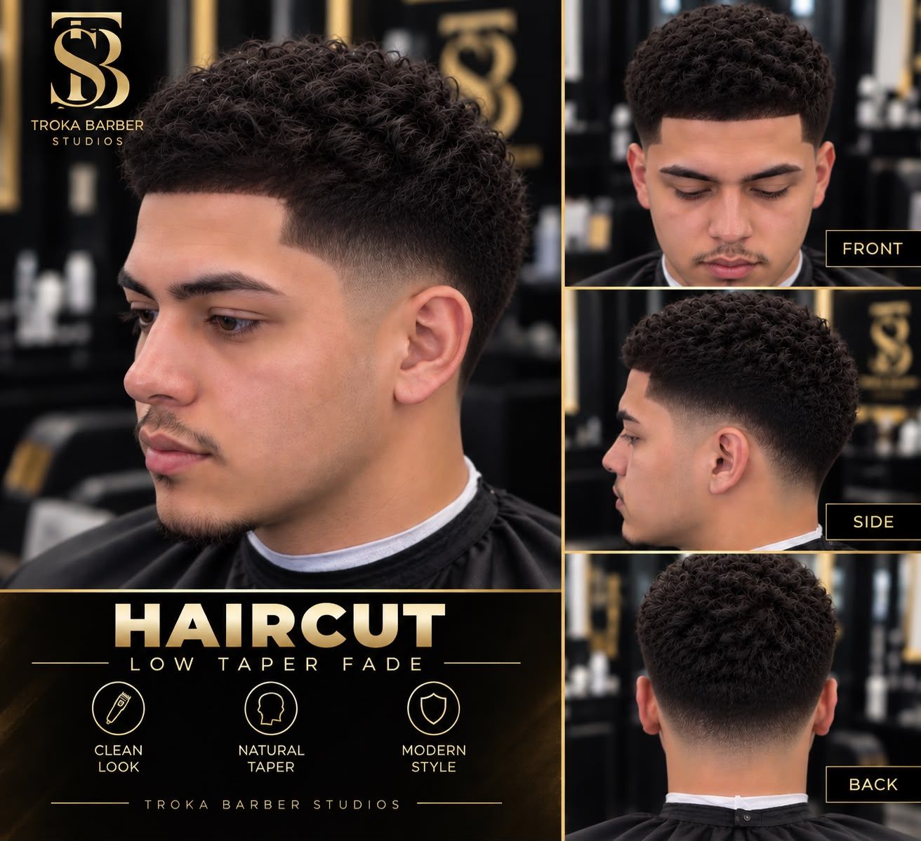 Póster de Taper Fade o Skin Fade en Troka Barber Studios (Haircut low taper fade): foto principal y vistas de frente, de lado y de atrás