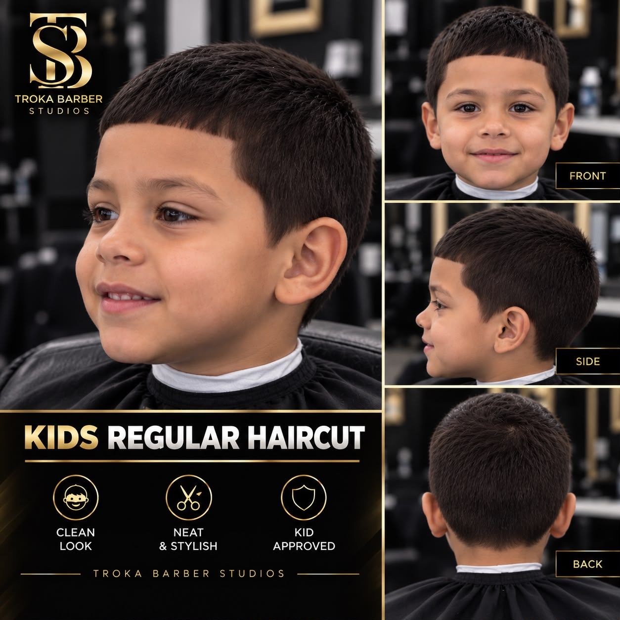 Póster de Corte regular para niños (10 años o menos) en Troka Barber Studios (Kids regular haircut): foto principal y vistas de frente, de lado y de atrás