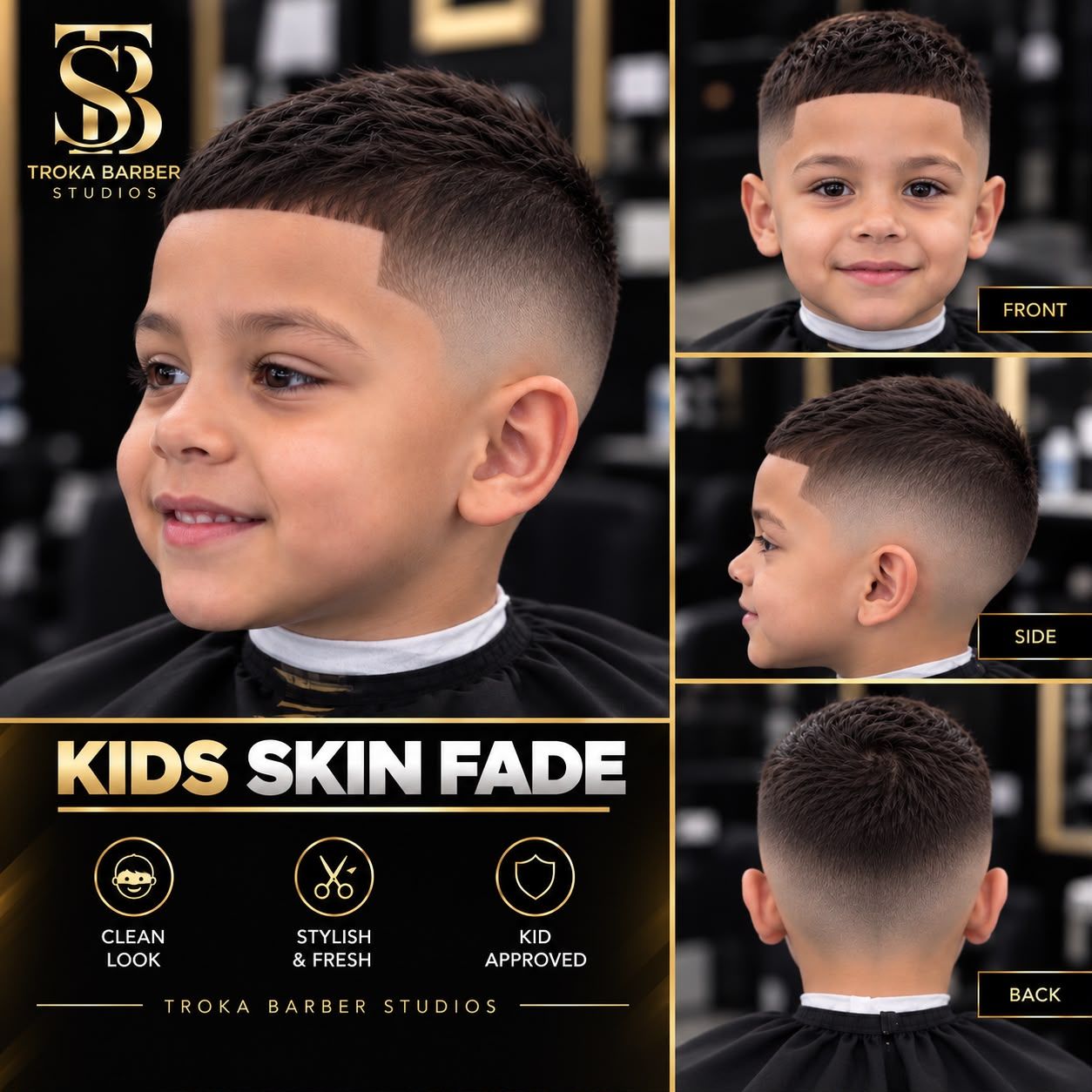 Póster de Corte para niños skin fade o taper (10 años o menos) en Troka Barber Studios (Kids skin fade): foto principal y vistas de frente, de lado y de atrás